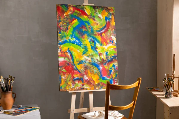 Cadeira Pintura Óleo Arte Ainda Vida Pintura Pincel Estúdio Criativo — Fotografia de Stock