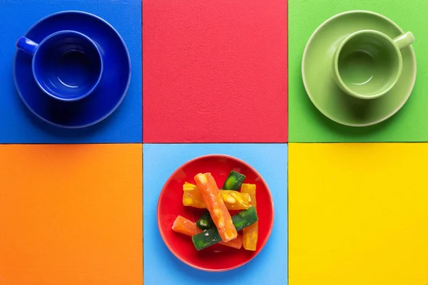 Copo Vazio Frutas Cristalizadas Textura Fundo Abstrato Colorido Conceito Pausa — Fotografia de Stock