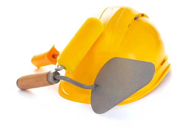 Costruzione Cappello Rigido Cazzuola Isolato Sfondo Bianco Hardhat Bianco — Foto Stock