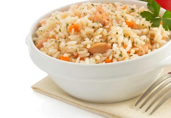 Bowl full of rice on white — Stock Photo, Image