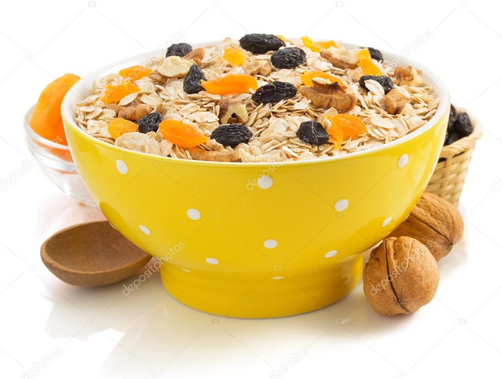 bowl of cereals muesli on white 