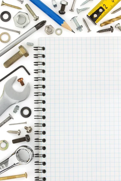 Notebook and hardware tools — Stock Photo, Image