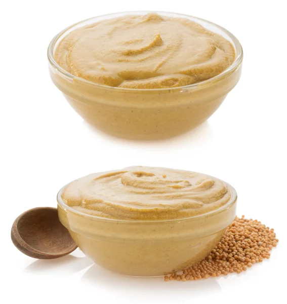 Mustard sauce in bowl on white background — Stock Fotó