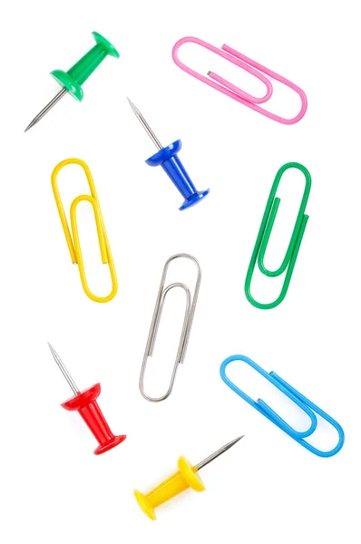 Pushpins and paper clips on white  background — Stock Photo, Image