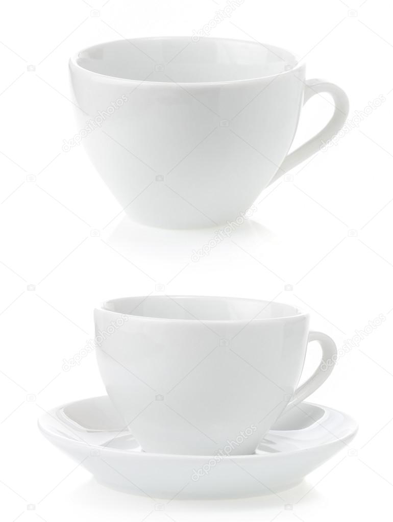 Empty ceramic cups on white background
