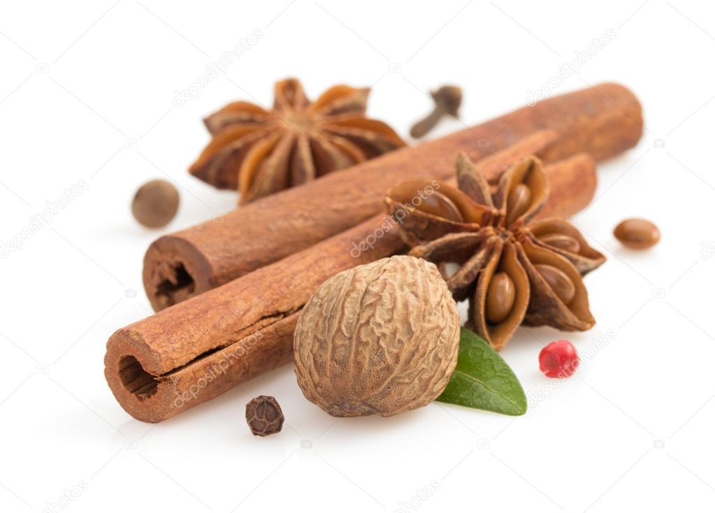 Cinnamon sticks, anise star and spices