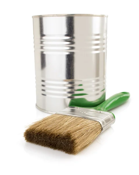 Paint bucket and paintbrush on white — Stock Photo, Image