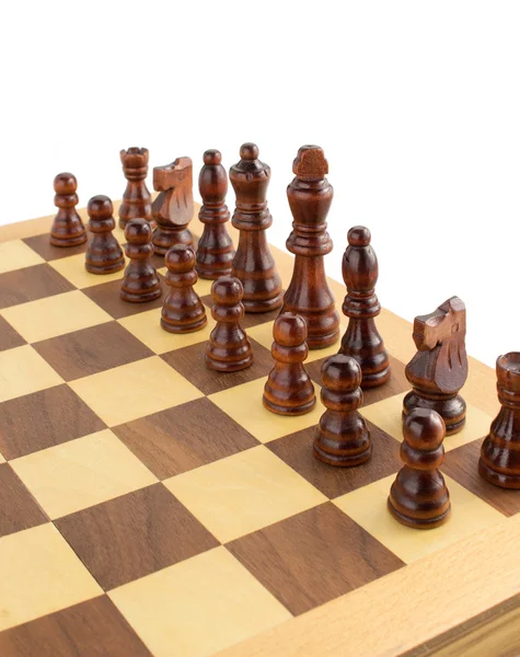 Chess figures on board at white — Stock Photo, Image