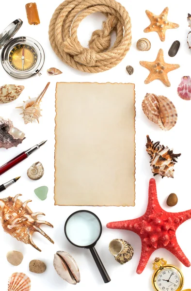 Seashell and parchment on white — Stock Photo, Image