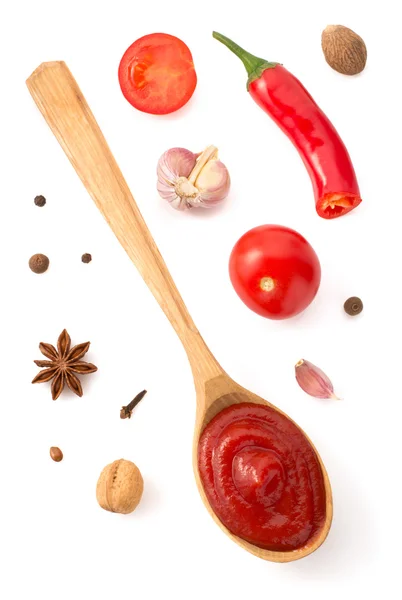 Tomato sauce in spoon — Stockfoto