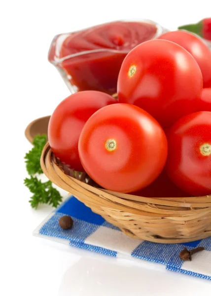 Tomatoes and sauce isolated — Stock Photo, Image