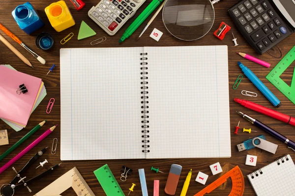 School supplies on wood — Stock Photo, Image