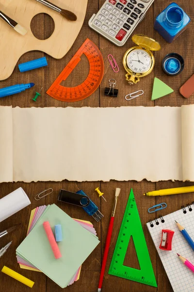 School supplies on wood — Stock Photo, Image