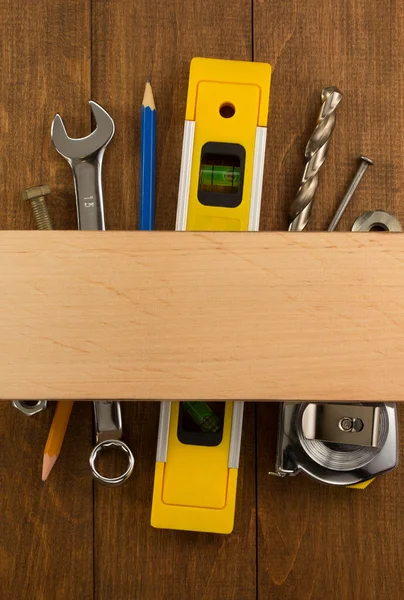 Set of tools and instruments on wood — Stock Photo, Image