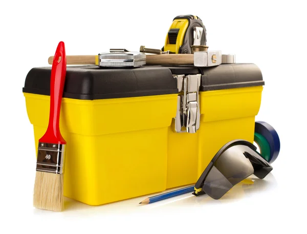 Middelen en instrumenten met toolbox — Stockfoto