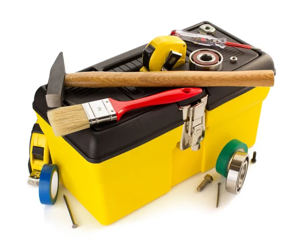 Ferramentas e instrumentos com caixa de ferramentas — Fotografia de Stock