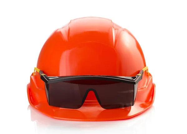 Construction helmet with glasses — Zdjęcie stockowe