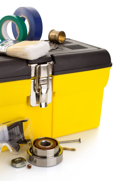 Middelen en instrumenten met toolbox — Stockfoto