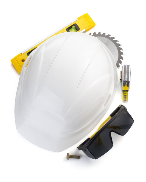 construction helmet and safety glasses