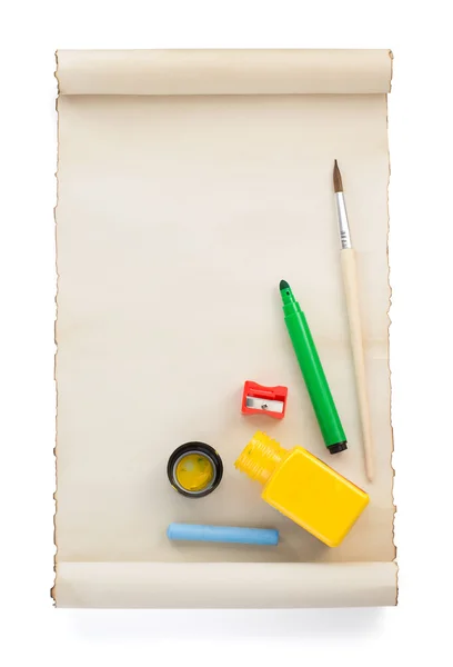 Paint supplies and paper — Stock Photo, Image