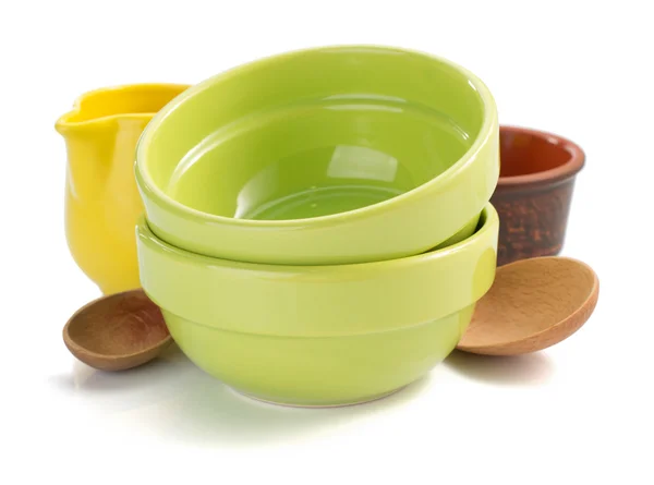 Colorful wooden and ceramic tableware — Stock Photo, Image