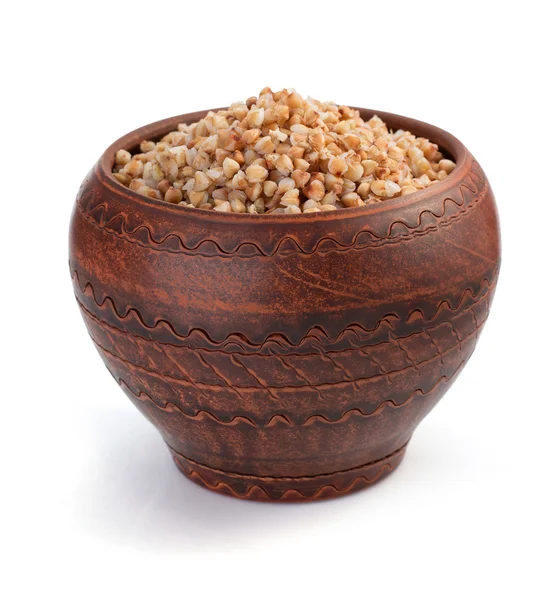 Buckwheat in ceramic pot — Stock Photo, Image
