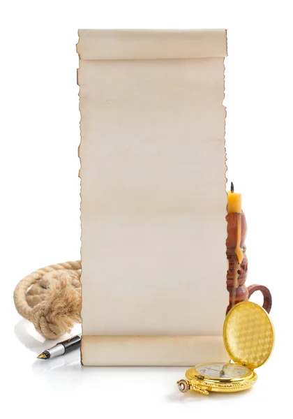 Parchment, candle and watch — Stock Photo, Image