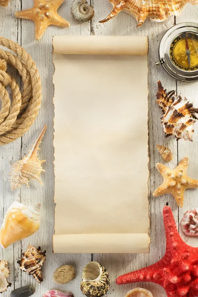 Seashells and parchment paper — Stock Photo, Image