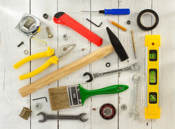 Conjunto de herramientas e instrumentos sobre madera —  Fotos de Stock