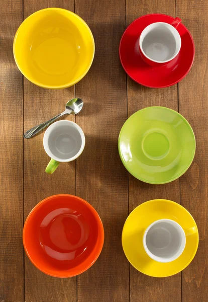 Ceramic dishes set on wood — Stock Photo, Image