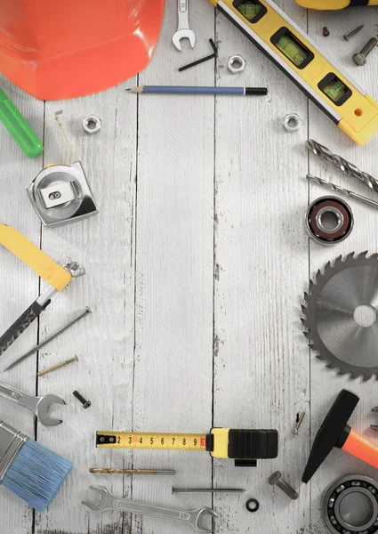 Set of tools and instruments on wood — Stock Photo, Image