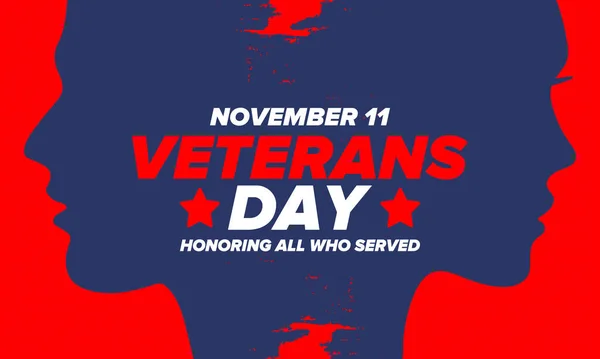 Veterans Day in United States. Federal holiday, celebrated annual in November 11. Honoring all who served. Patriotic american military concept. Poster, card, banner and background. Vector illustration