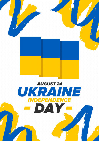 Independence Day in Ukraine. National happy holiday, celebrated annual in August 24. Ukrainian flag. Blue and yellow. Patriotic elements. Poster, card, banner and background. Vector illustration