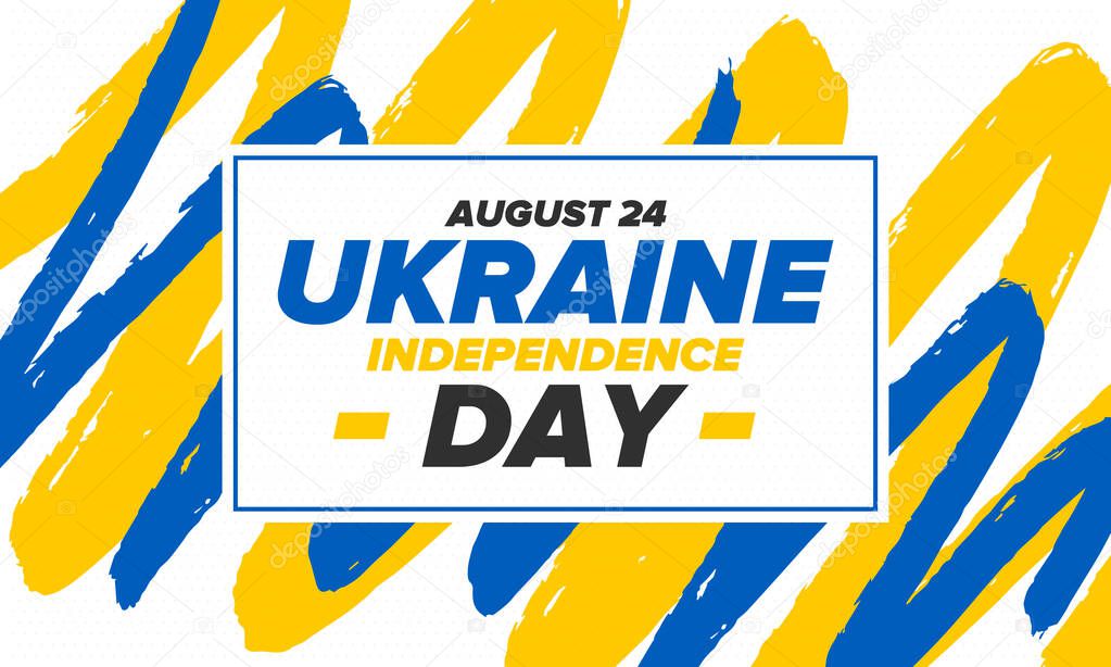 Independence Day in Ukraine. National happy holiday, celebrated annual in August 24. Ukrainian flag. Blue and yellow. Patriotic elements. Poster, card, banner and background. Vector illustration