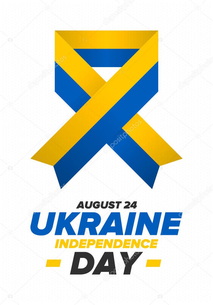Independence Day in Ukraine. National happy holiday, celebrated annual in August 24. Ukrainian flag. Blue and yellow. Patriotic elements. Poster, card, banner and background. Vector illustration