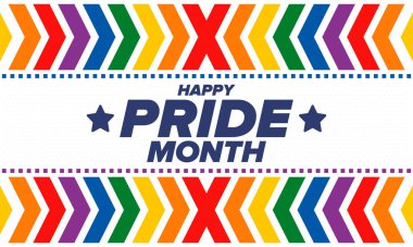 Haziran ayında LGBT Gurur Ayı. Lezbiyen Gey Biseksüel Transseksüel. Yıllık kutlama. LGBT bayrağı. Gökkuşağı aşk konsepti. İnsan hakları ve hoşgörü. Poster, kart, afiş ve geçmiş. Vektör illüstrasyonu