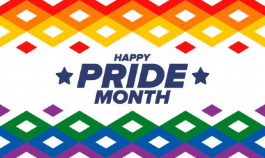 Haziran ayında LGBT Gurur Ayı. Lezbiyen Gey Biseksüel Transseksüel. Yıllık kutlama. LGBT bayrağı. Gökkuşağı aşk konsepti. İnsan hakları ve hoşgörü. Poster, kart, afiş ve geçmiş. Vektör illüstrasyonu