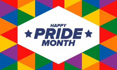 Haziran ayında LGBT Gurur Ayı. Lezbiyen Gey Biseksüel Transseksüel. Yıllık kutlama. LGBT bayrağı. Gökkuşağı aşk konsepti. İnsan hakları ve hoşgörü. Poster, kart, afiş ve geçmiş. Vektör illüstrasyonu