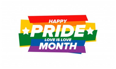 Haziran ayında LGBT Gurur Ayı. Lezbiyen Gey Biseksüel Transseksüel. Yıllık kutlama. LGBT bayrağı. Gökkuşağı aşk konsepti. İnsan hakları ve hoşgörü. Poster, kart, afiş ve geçmiş. Vektör illüstrasyonu