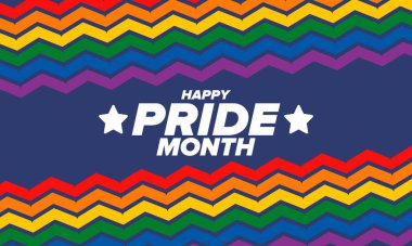 Haziran ayında LGBT Gurur Ayı. Lezbiyen Gey Biseksüel Transseksüel. Yıllık kutlama. LGBT bayrağı. Gökkuşağı aşk konsepti. İnsan hakları ve hoşgörü. Poster, kart, afiş ve geçmiş. Vektör illüstrasyonu