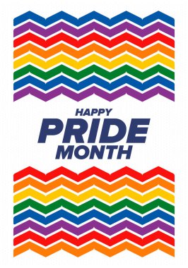 Haziran ayında LGBT Gurur Ayı. Lezbiyen Gey Biseksüel Transseksüel. Yıllık kutlama. LGBT bayrağı. Gökkuşağı aşk konsepti. İnsan hakları ve hoşgörü. Poster, kart, afiş ve geçmiş. Vektör illüstrasyonu