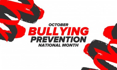 Ekim ayında Ulusal Zorbalık Önleme Ayı. Kabadayılığı bırak. Tüm gençlerin zorbalıktan korunması için yapılan yıllık kampanya. Turuncu renk. Poster, kart, afiş, geçmiş. Vektör illüstrasyonu