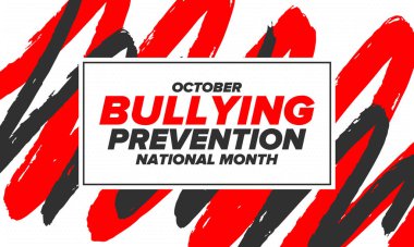 Ekim ayında Ulusal Zorbalık Önleme Ayı. Kabadayılığı bırak. Tüm gençlerin zorbalıktan korunması için yapılan yıllık kampanya. Turuncu renk. Poster, kart, afiş, geçmiş. Vektör illüstrasyonu