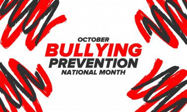 Ekim ayında Ulusal Zorbalık Önleme Ayı. Kabadayılığı bırak. Tüm gençlerin zorbalıktan korunması için yapılan yıllık kampanya. Turuncu renk. Poster, kart, afiş, geçmiş. Vektör illüstrasyonu