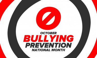 Ekim ayında Ulusal Zorbalık Önleme Ayı. Kabadayılığı bırak. Tüm gençlerin zorbalıktan korunması için yapılan yıllık kampanya. Turuncu renk. Poster, kart, afiş, geçmiş. Vektör illüstrasyonu