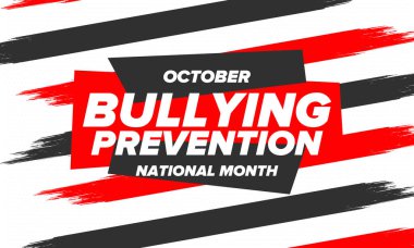 Ekim ayında Ulusal Zorbalık Önleme Ayı. Kabadayılığı bırak. Tüm gençlerin zorbalıktan korunması için yapılan yıllık kampanya. Turuncu renk. Poster, kart, afiş, geçmiş. Vektör illüstrasyonu