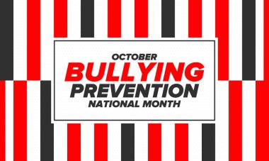 Ekim ayında Ulusal Zorbalık Önleme Ayı. Kabadayılığı bırak. Tüm gençlerin zorbalıktan korunması için yapılan yıllık kampanya. Turuncu renk. Poster, kart, afiş, geçmiş. Vektör illüstrasyonu