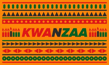 Kwanzaa Mutlu Kutlamalar. Afro-Amerikan kültür bayramı. Yedi gün festival, 26 Aralık 'tan 1 Ocak' a kadar yıllık kutlama. Siyah tarih. Poster, kart, afiş ve geçmiş. Vektör