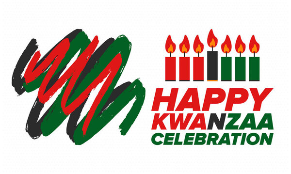 Kwanzaa Happy Celebration. African and African-American culture holiday. Seven days festival, celebrate annual from December 26 to January 1. Black history. Poster, card, banner and background. Vector