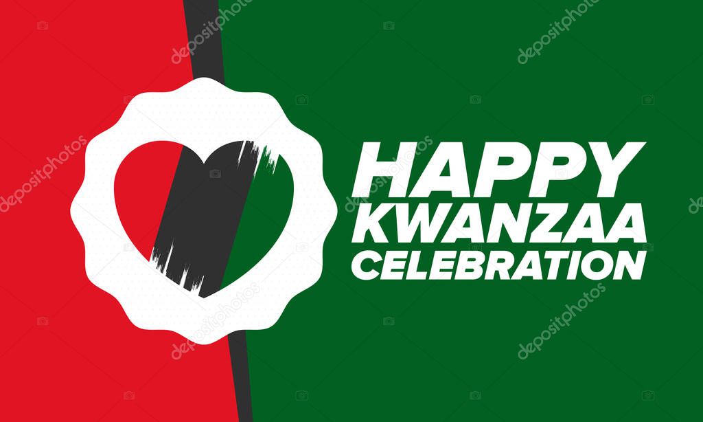 Kwanzaa Happy Celebration. African and African-American culture holiday. Seven days festival, celebrate annual from December 26 to January 1. Black history. Poster, card, banner and background. Vector